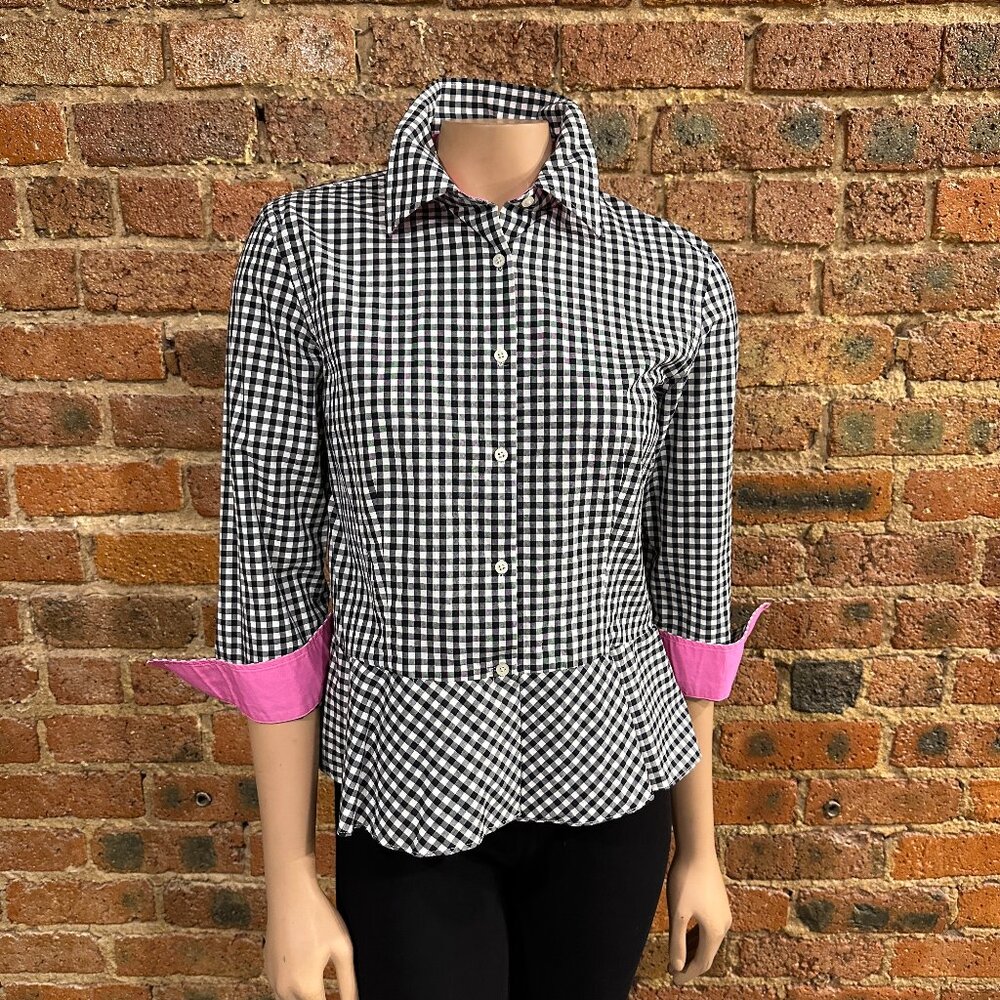 VGC LRL Ralph Lauren Black & White Gingham Checkered Peplum Button Down Top SZ 8
